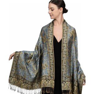 Soft Silky Reversible Paisley Pashmina Shawl Wrap Scarf, Steel Blue